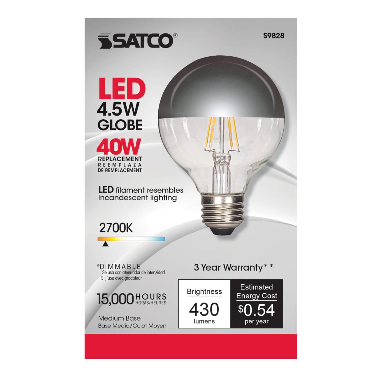 Satco LED G25 Silver Crown Globe Light Bulb – 4.5W – 40W Equivalent – E26 Base – 2700K