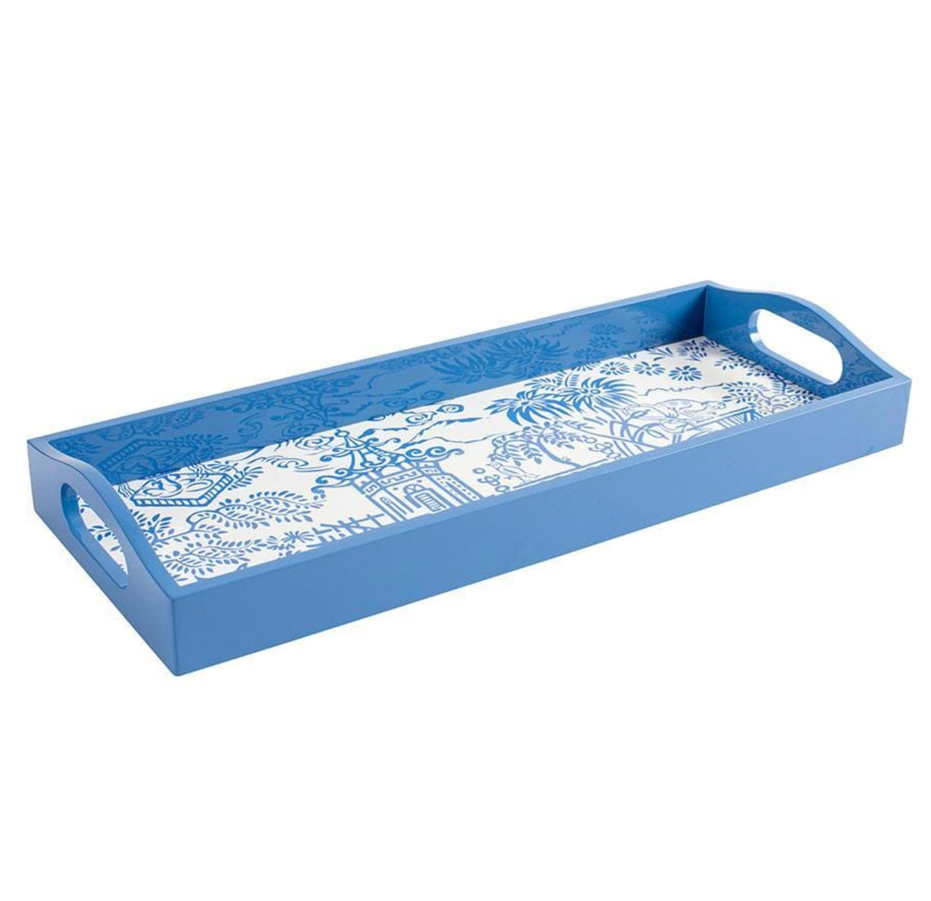 Caspari Pagoda Toile Lacquer Bar Tray in Blue – 20” x 8”