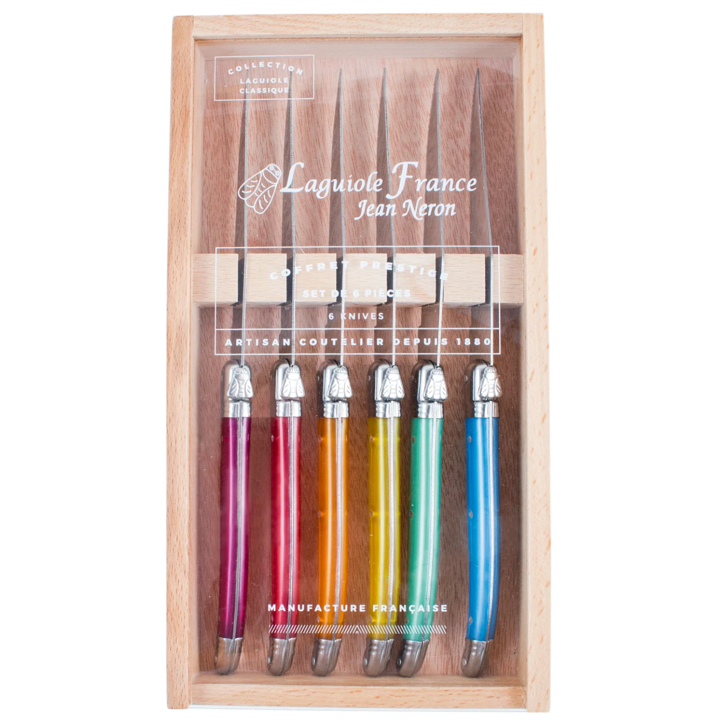 Laguiole Rainbow Stainless Steel Knives In Wooden Presentation Box – Set of 6