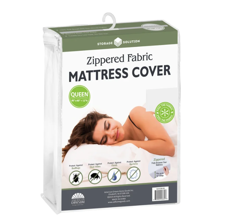 Zippered Fabric Mattress Cover – White – Queen – 12" Deep