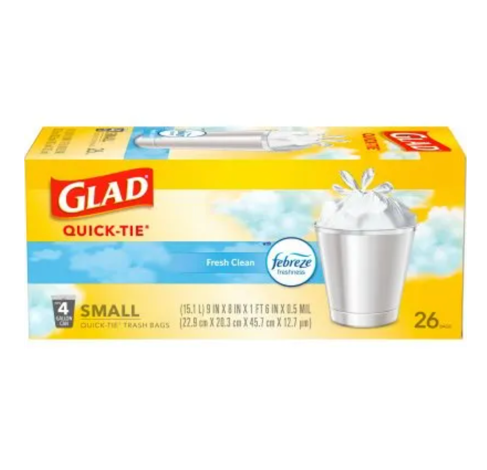 Glad Small Kitchen/Bathroom Trash Bags Odor Shield Fresh Scent – 4 Gallon – 26-Ct.