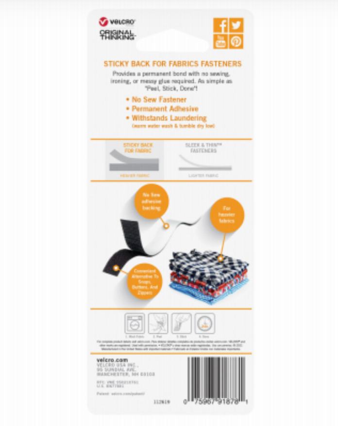 VELCRO® Sticky Back Tape – White – .75 x 24"