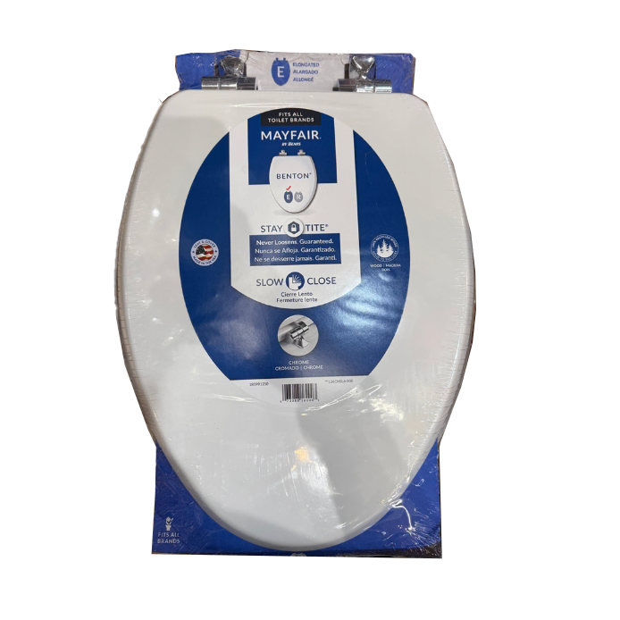 Mayfair Elongated Wood Toilet Seat – White Enamel – Slow Close Chrome Hinges