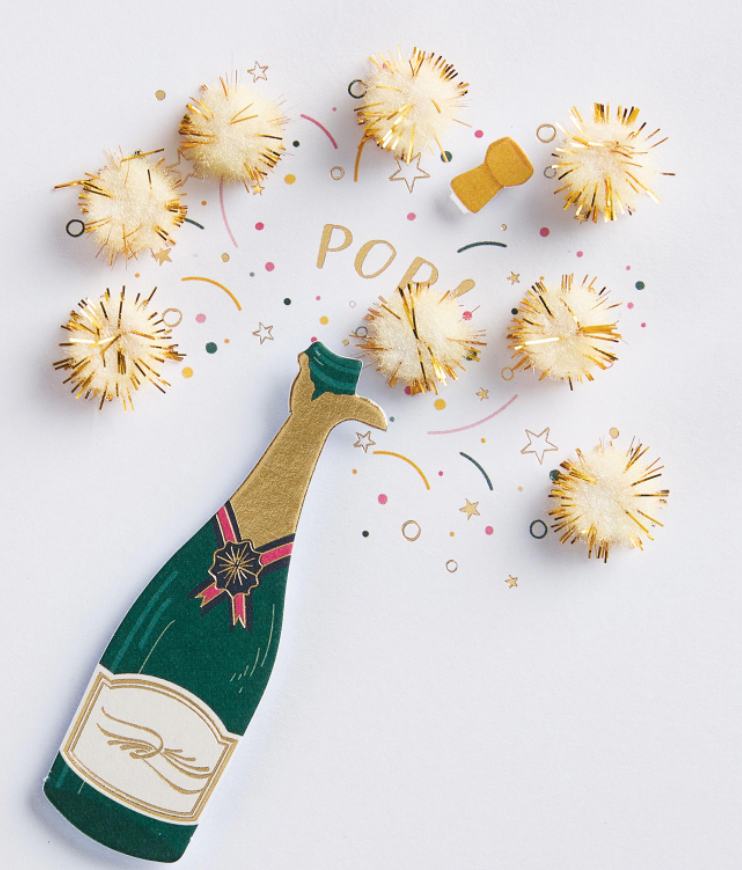 Design Design Handcrafted Birthday Card – Pom Pom Champagne – 1 Card & 1 Envelope