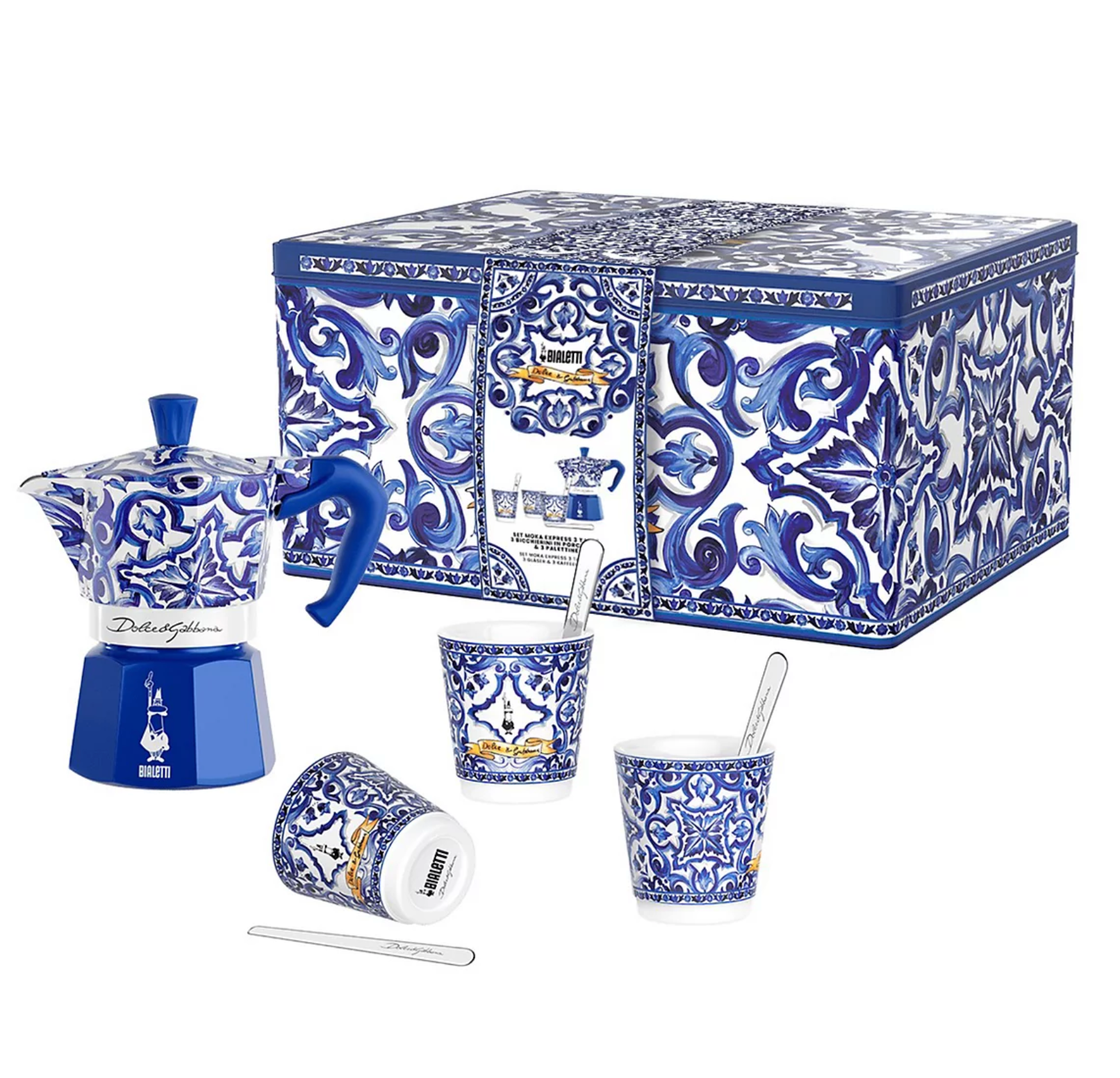 Bialetti Moka Express Dolce & Gabbana 3-Cup Coffee Maker Gift Set – Mediterranean Blue