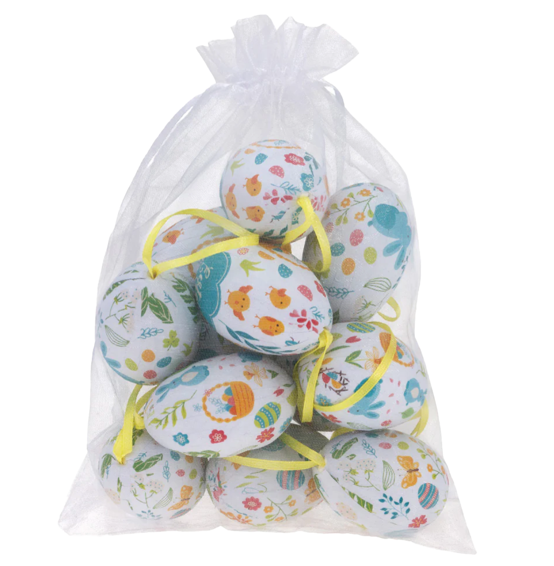 Decorative Bag of Easter Eggs – Turquoise Bunnies & Flowers – Set of 12