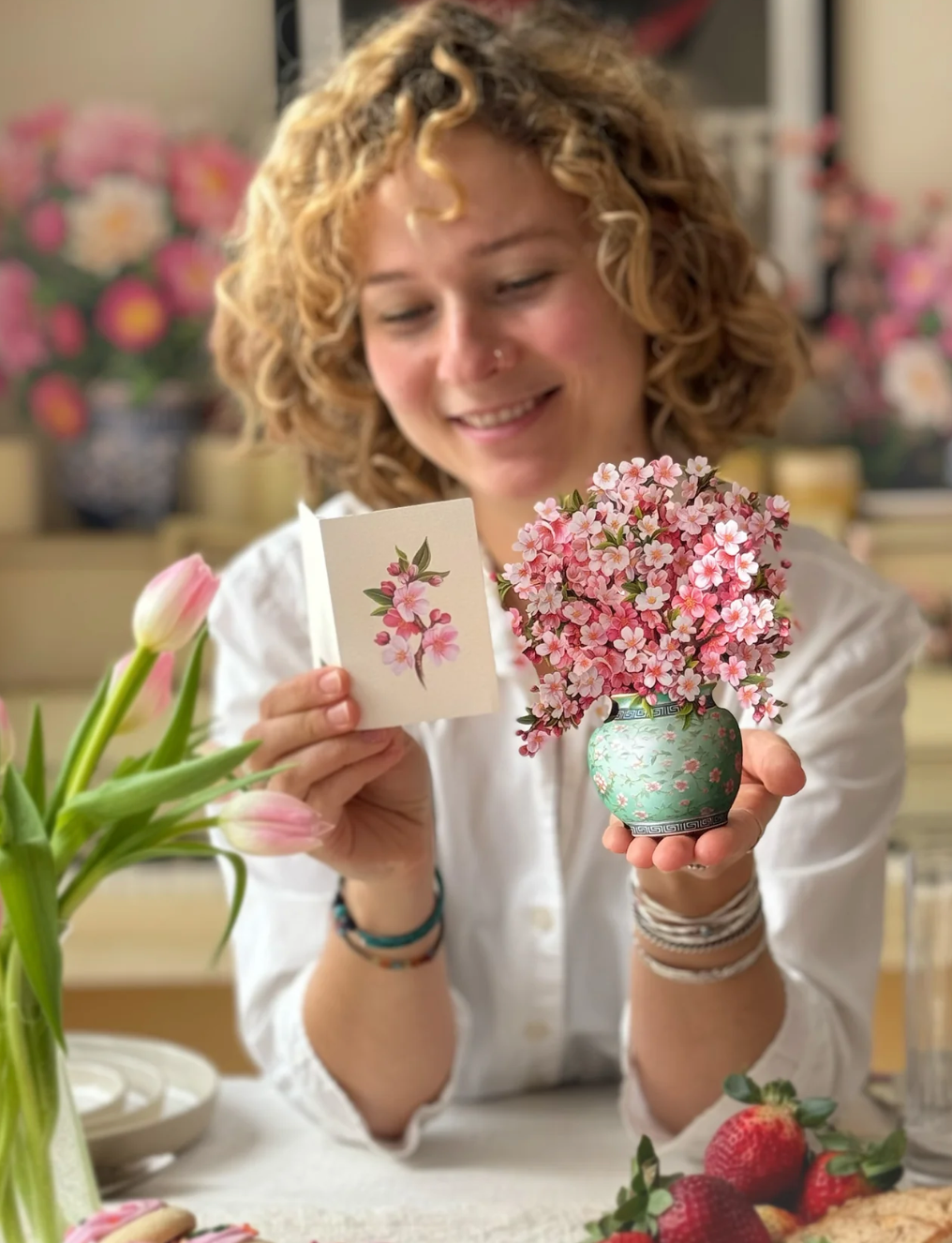 Fresh Cut Paper 3D Pop Up Flower Greeting Note Card – Mini Japanese Cherry Blossoms – 6" x 5"
