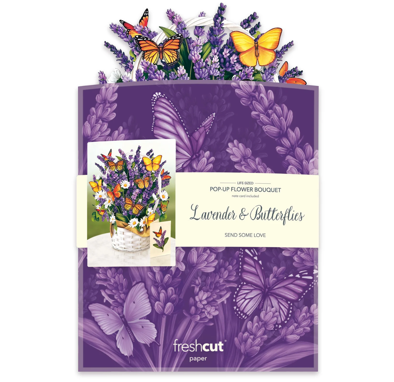 Fresh Cut Paper 3D Pop Up Flower Greeting Note Card – Lavender & Butterflies – 6" x 5"