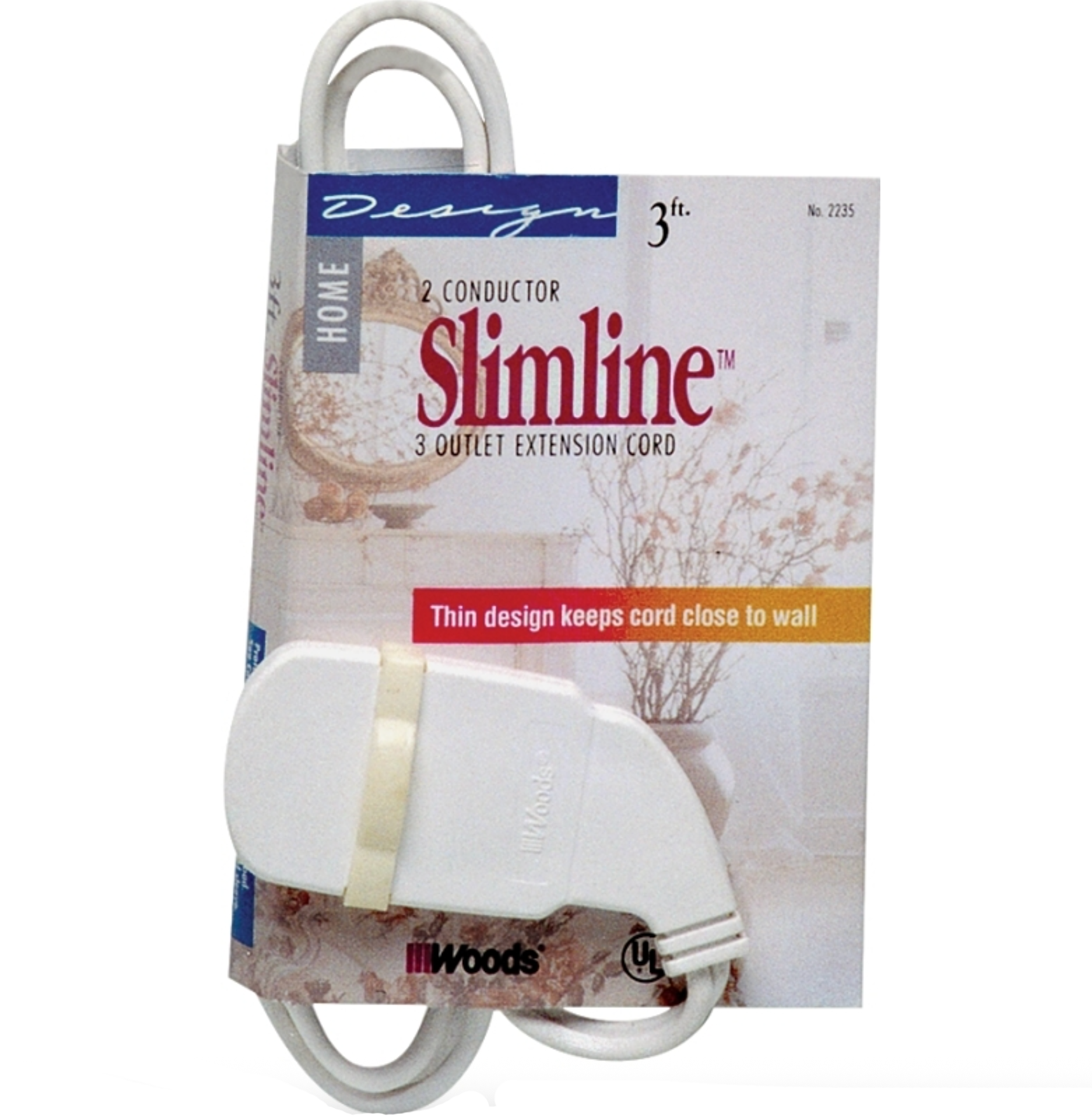 Slimline Flat Plug Extension Cord – 3 Outlet – 3ft. – White