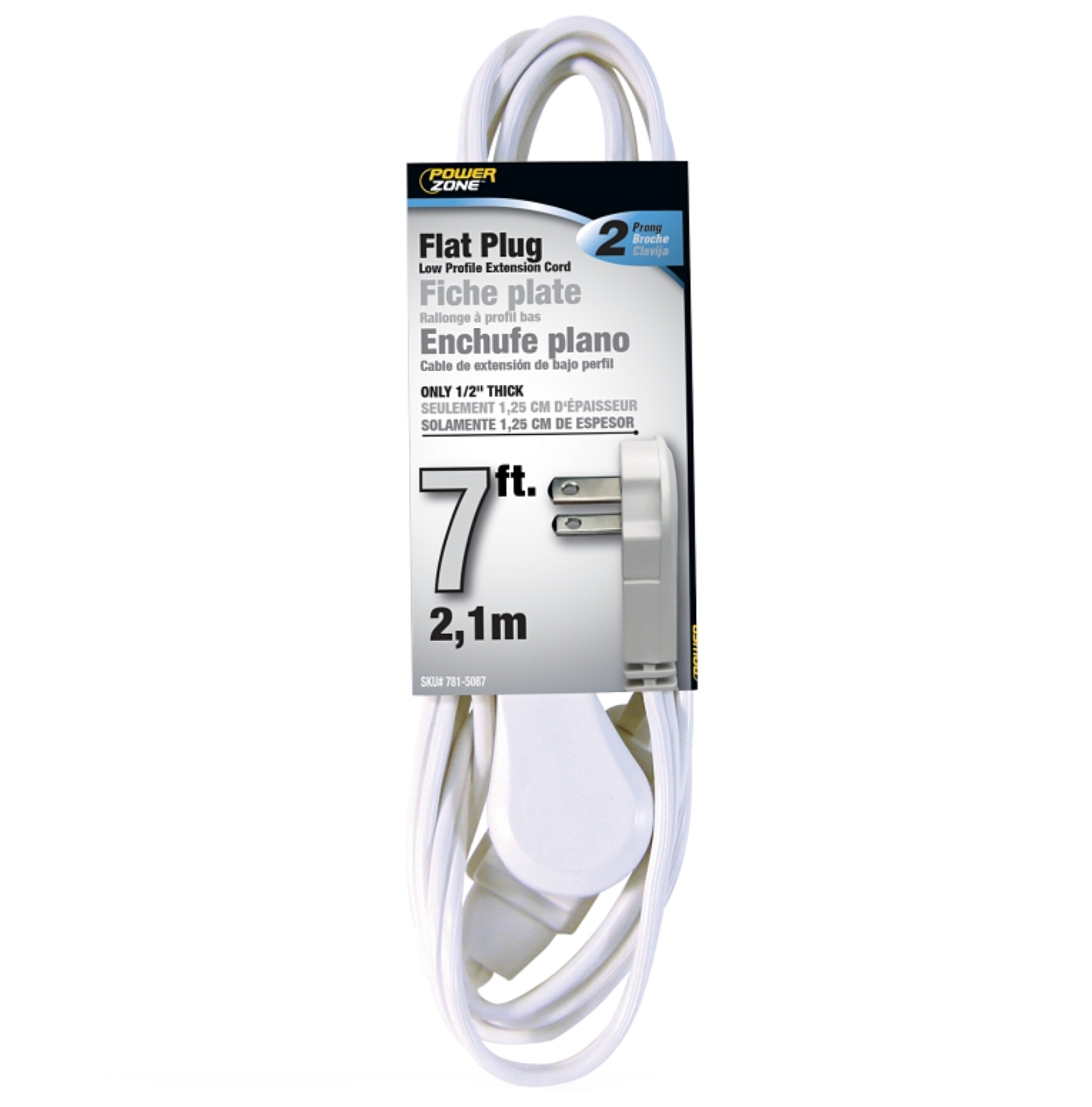 PowerZone Flat Plug Extension Cord – 7ft. – White