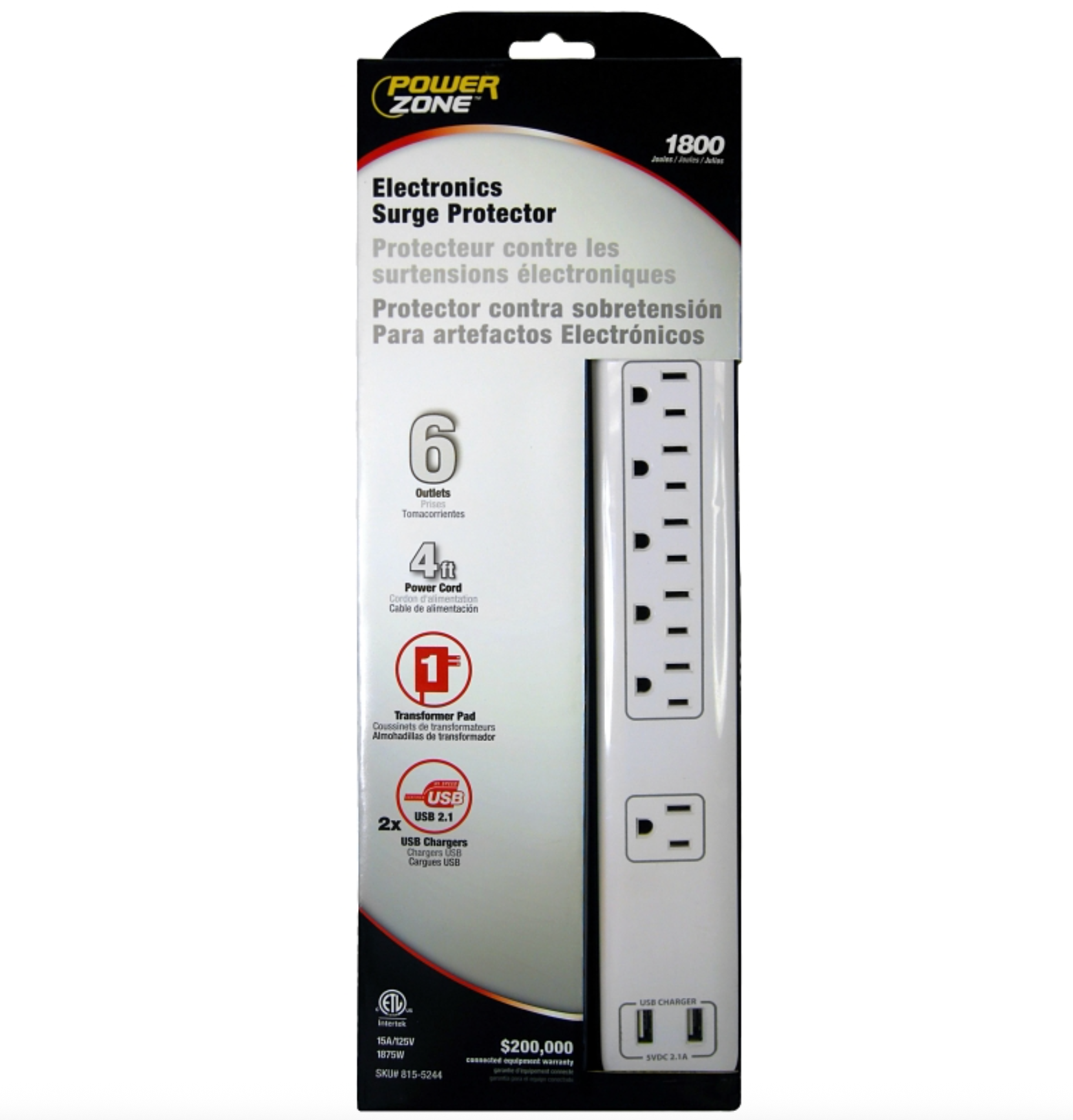 PowerZone – Power Outlet Strip – 4ft. – 6-Outlet & 2-Port USB Charger – White