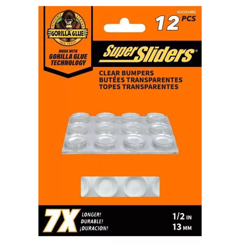 Gorilla Glue Super Sliders Self-Adhesive Clear Vinyl Bumpers – Half Inch – 12 Pack