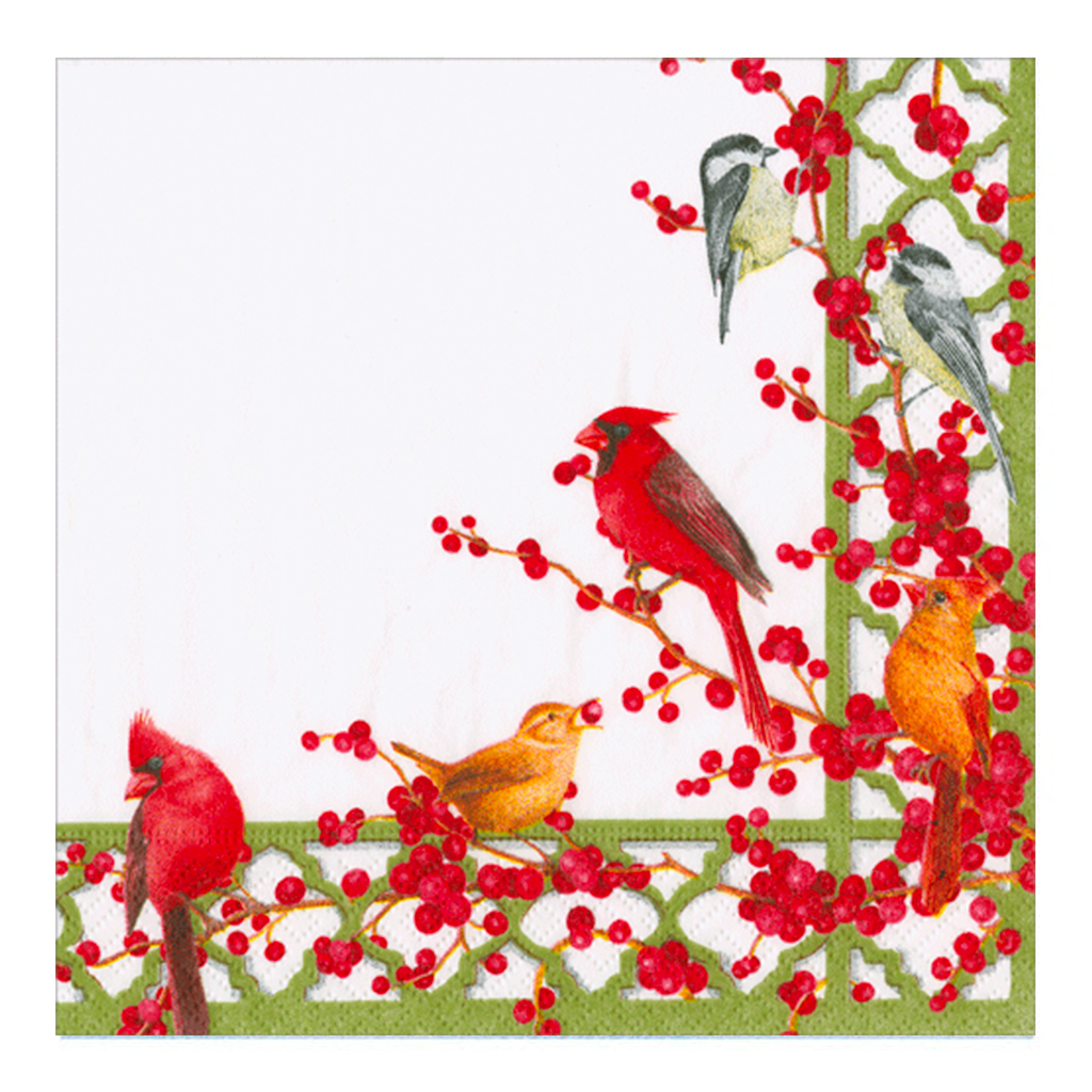 Caspari Winter Birds And Berries Recycled Christmas Cocktail Napkins – 20pk