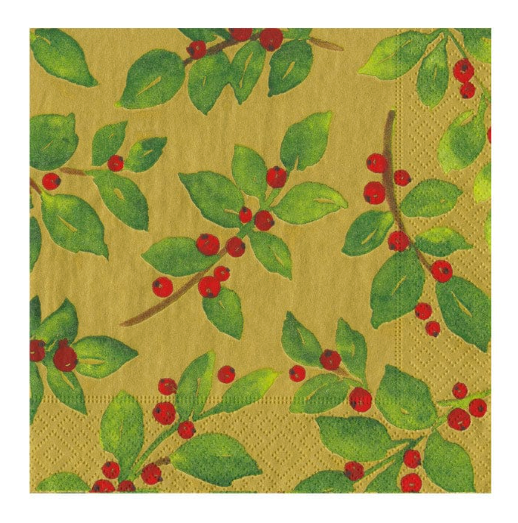 Caspari Gold Painted Holly Recycled Christmas Cocktail Napkins – 20pk