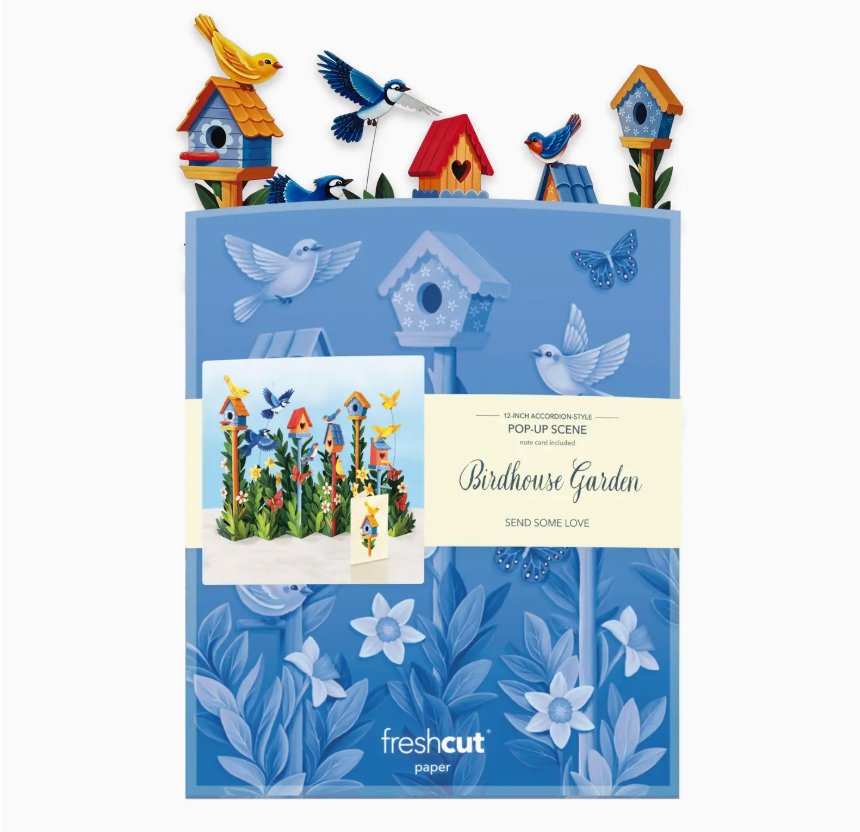 Fresh Cut Paper Mini 3D Pop Up Greeting Note Card – Birdhouse Garden – 6" x 5"