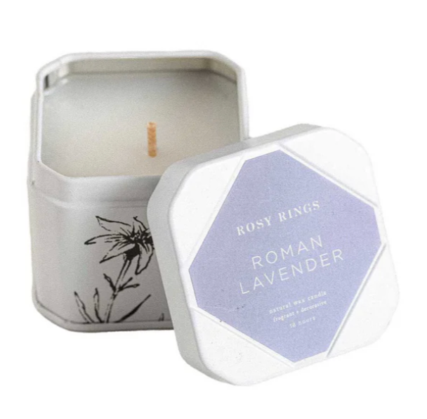 Rosie Rings Petite Tin Candle With Matches – 3oz. – Roman Lavender