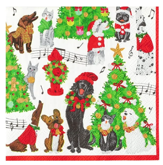 Caspari Caroling Pets Christmas Cocktail Napkin - 20pk