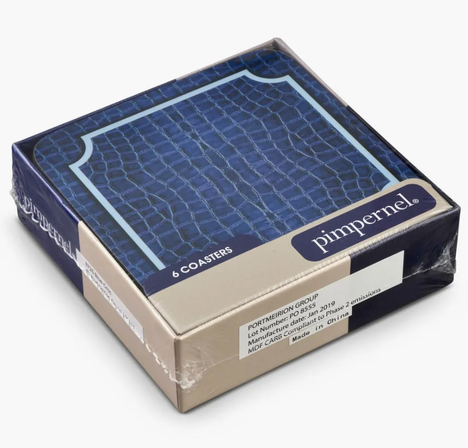 Portmeirmion Square Corkback Coasters – Blue Croc Leather – Set of 6
