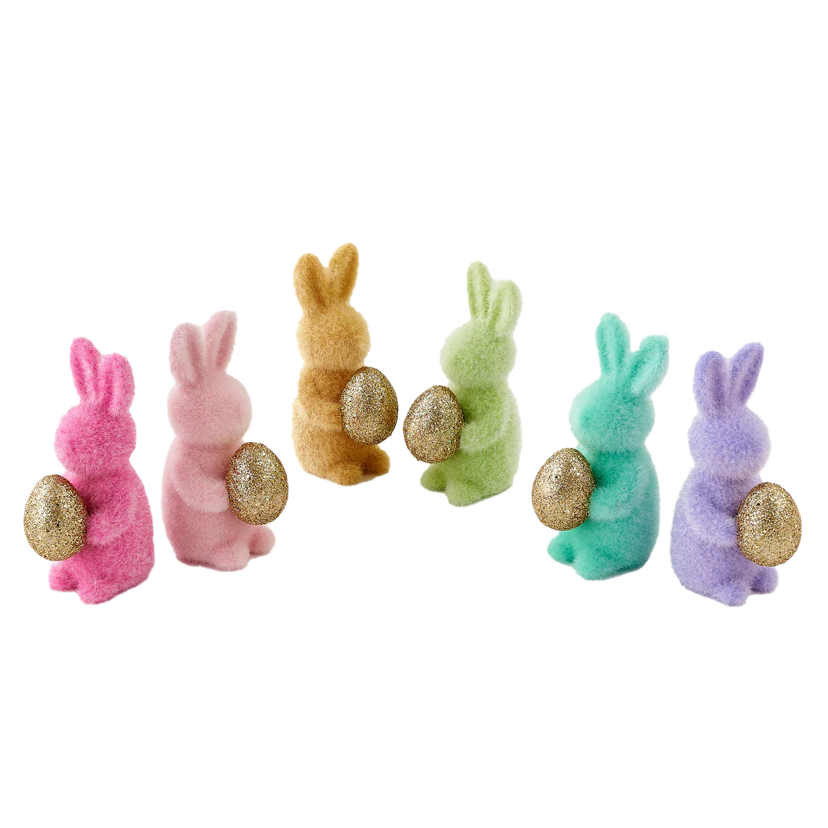 Flocked Bunny With Golden Egg – 6" – Assorted Colors – Each Sold Separately