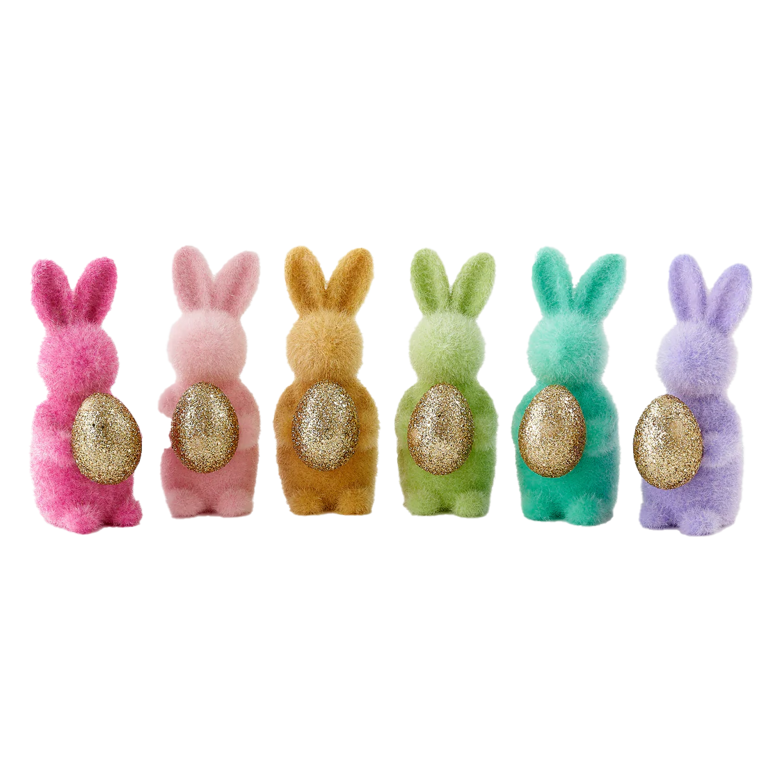 Flocked Bunny With Golden Egg – 6" – Assorted Colors – Each Sold Separately
