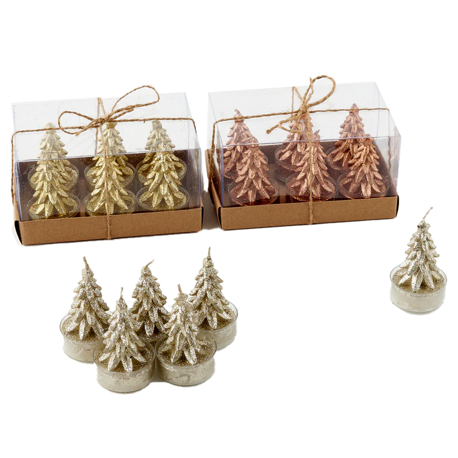 Glittered Metallic Tree Tealight Candles in Gift Box - Set of 6 – Assorted Colors – Each Box Sold Separately