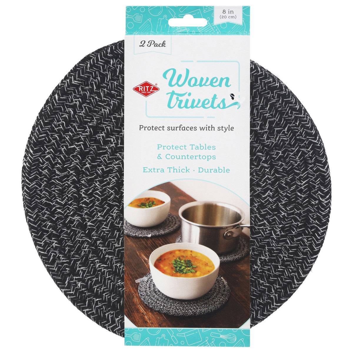 Ritz Round Braided Woven Trivets - Black & White – 8" – Set of 2
