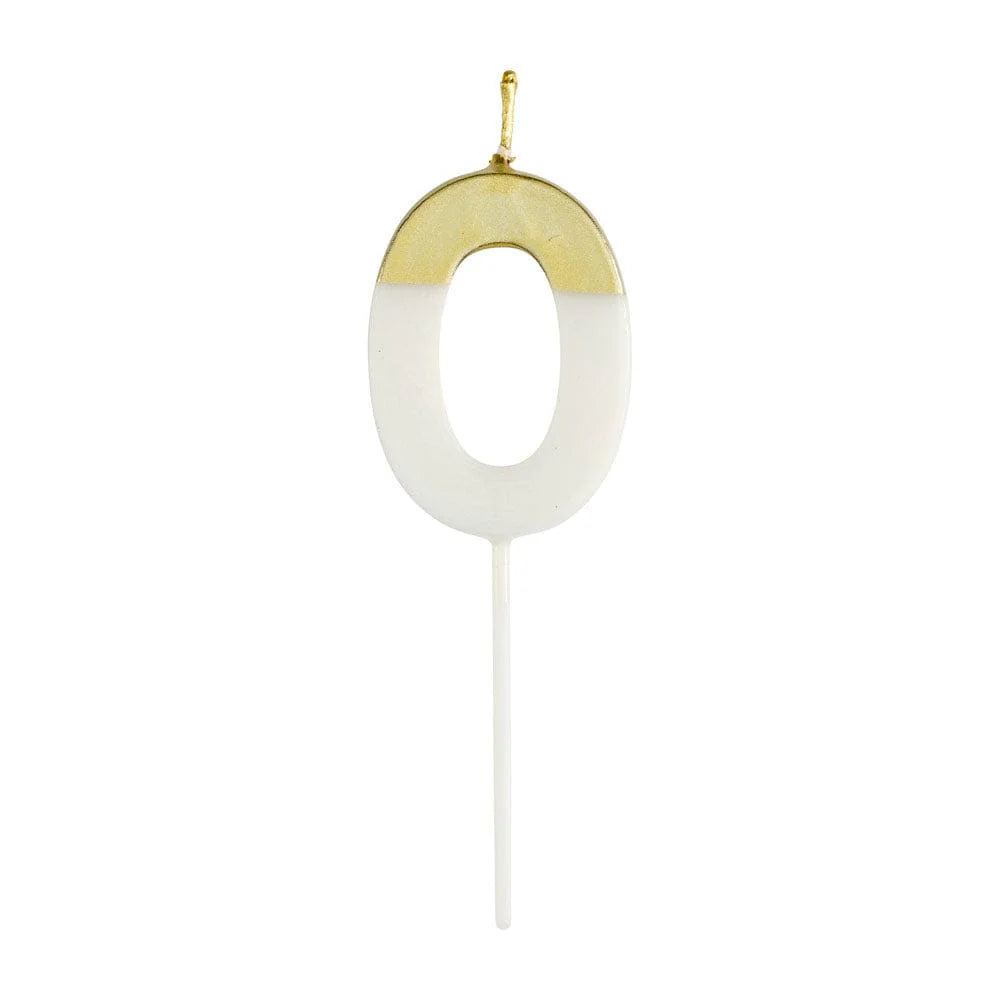 Caspari Gold-dipped die-cut number candles – White – "0"