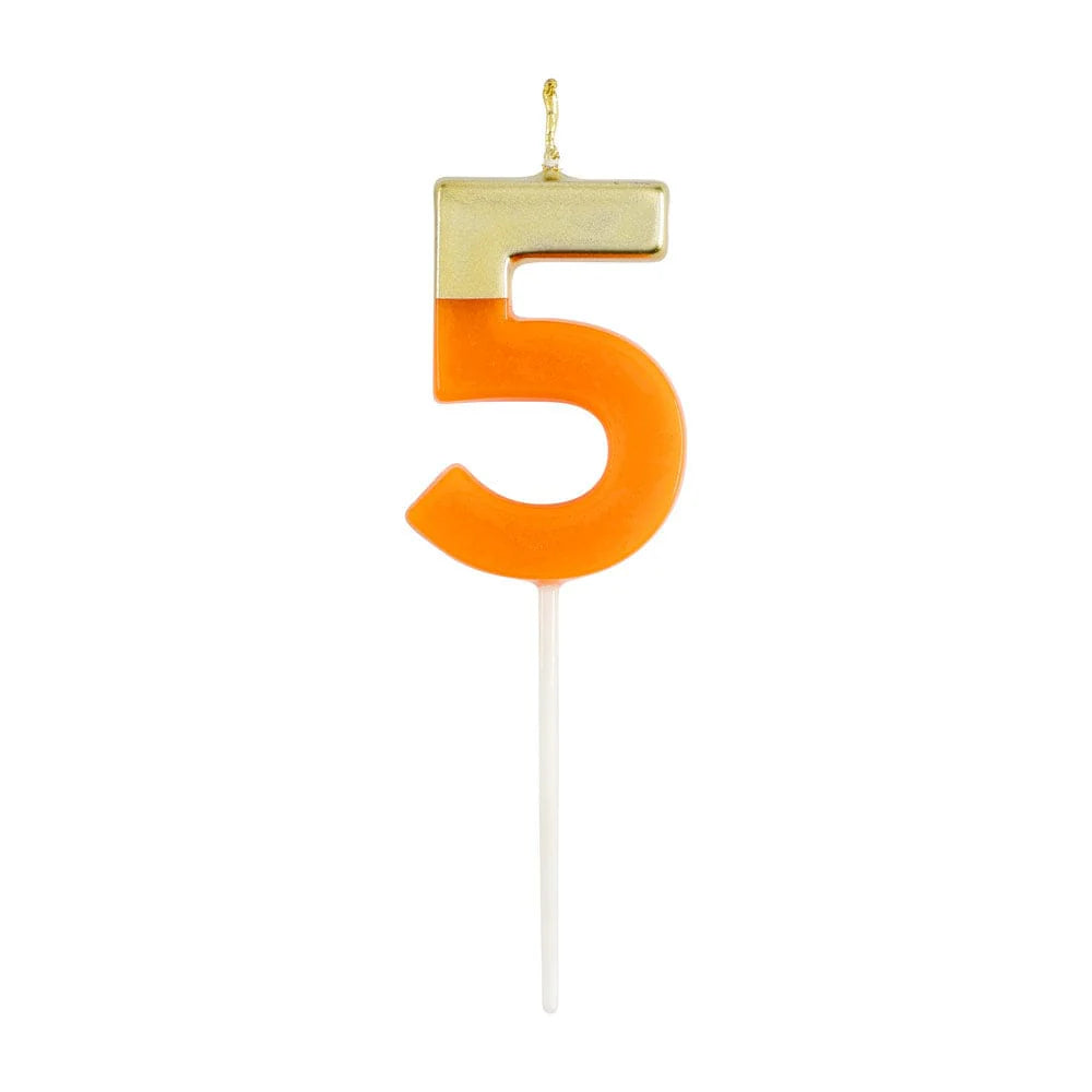 Caspari Gold-Dipped Die-Cut Number Candle – Bright Orange – "5"