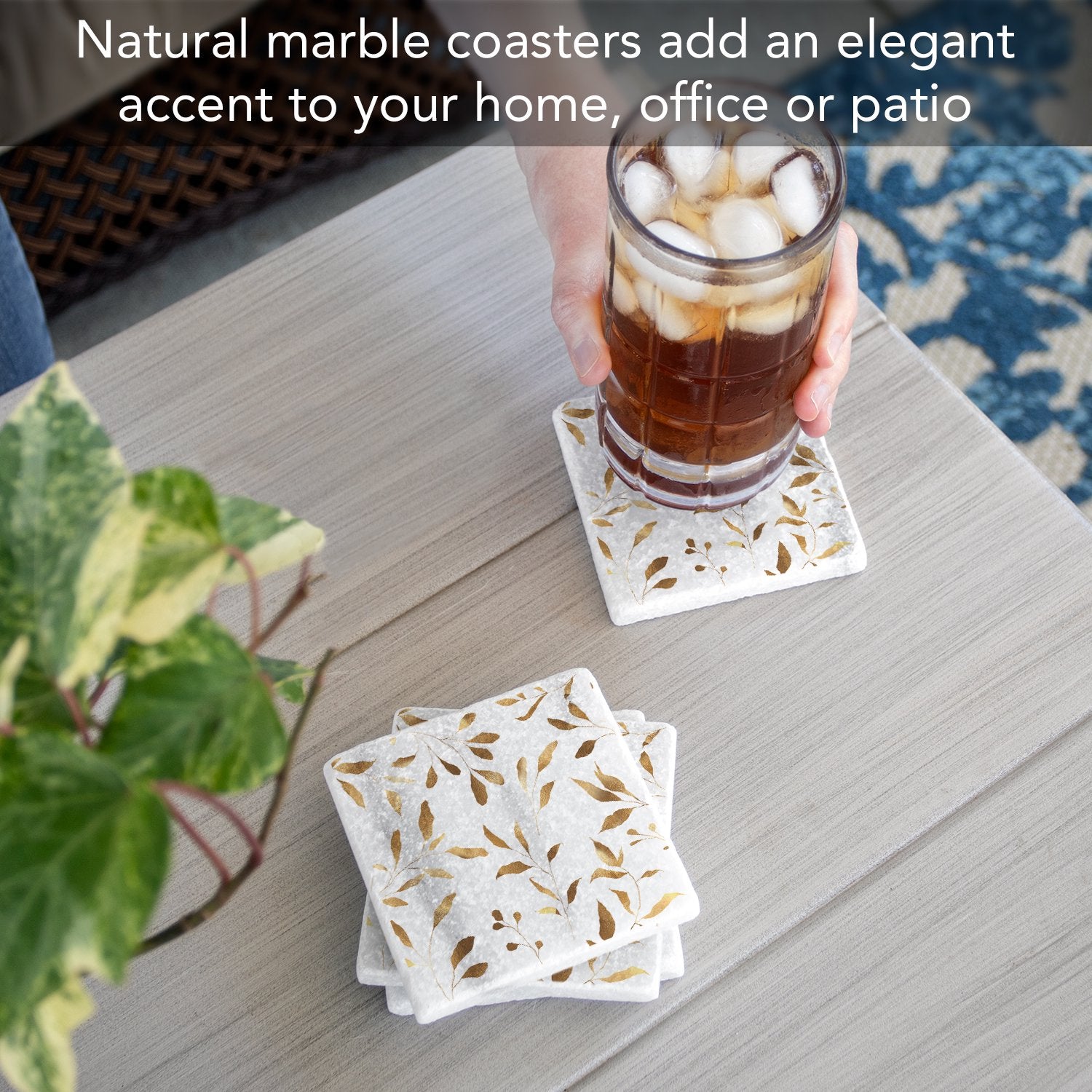 CounterArt Natural Marble Cork Backed Stone Coasters –Gilded Vine – Set of 4