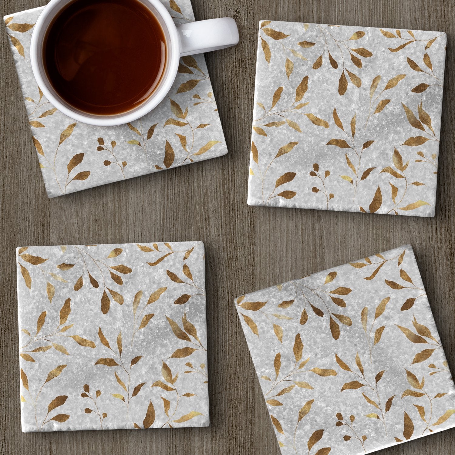 CounterArt Natural Marble Cork Backed Stone Coasters –Gilded Vine – Set of 4