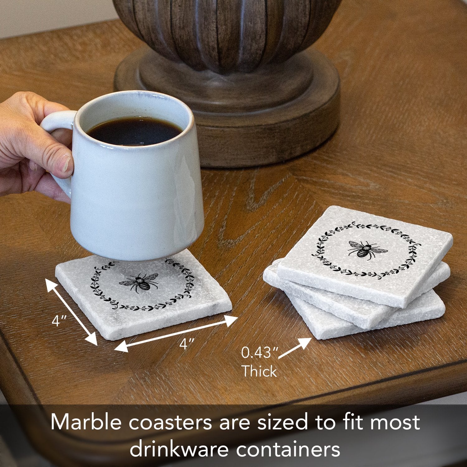 CounterArt Natural Marble Cork Backed Stone Coasters – "Bee" – Set of 4