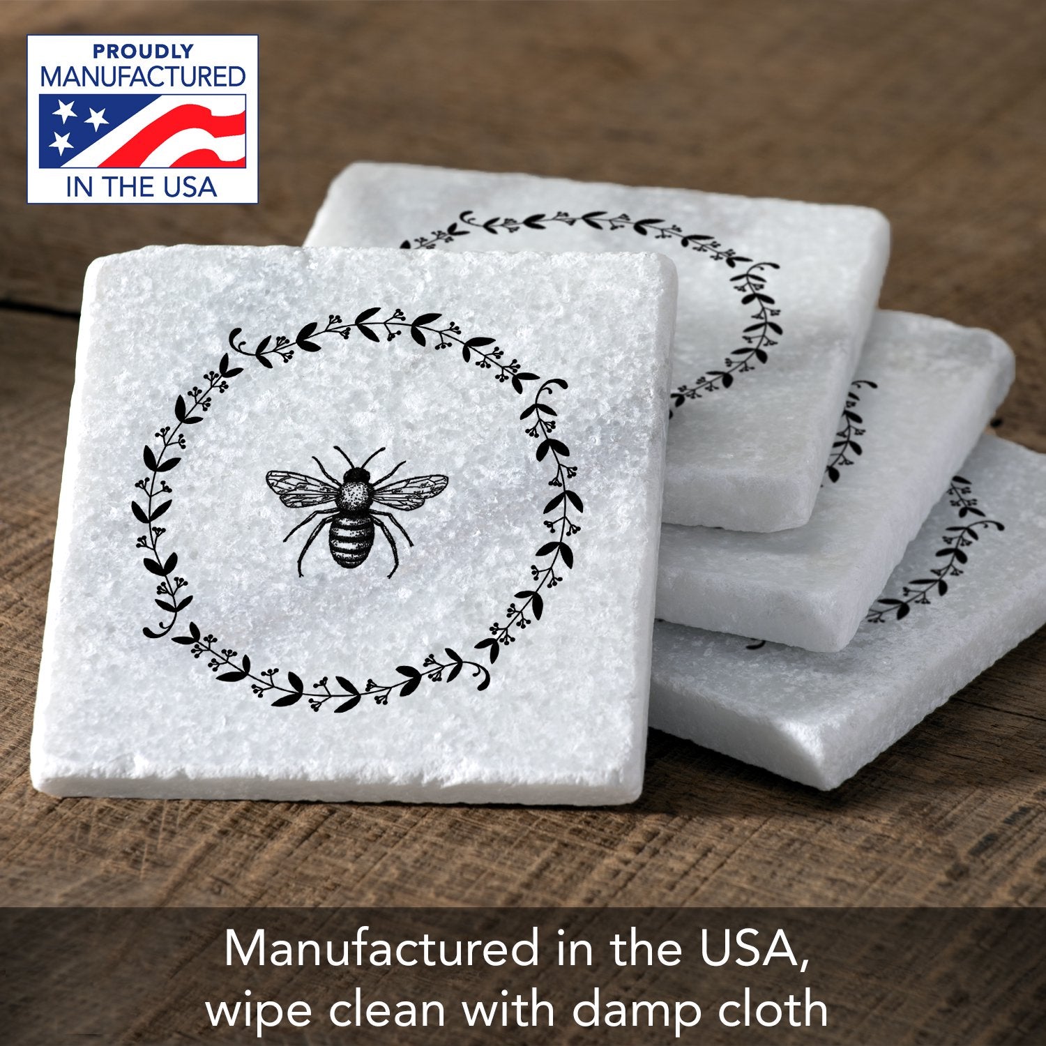 CounterArt Natural Marble Cork Backed Stone Coasters – "Bee" – Set of 4