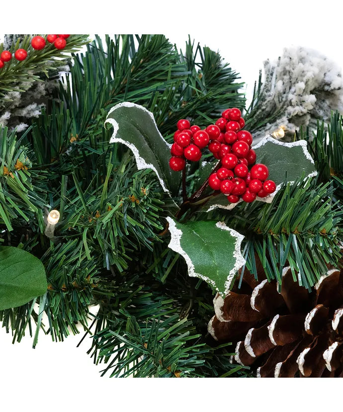LED Holly Berry and Pinecone Battery-Operated Wreath – 18"