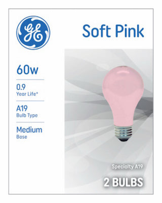 GE Incandescent A19 Soft Pink Light Bulb - 60W - Pack of 2