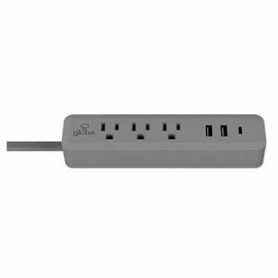 Power Strip Cord – 3-Outlet | USB-A & USB-C – 6ft. – Grey