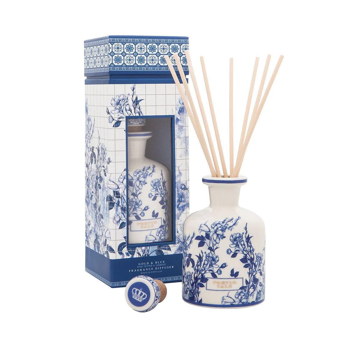 Portus Cale Gold & Blue Luxury Reed Diffuser – 8.4oz – Pink Pepper & Jasmine