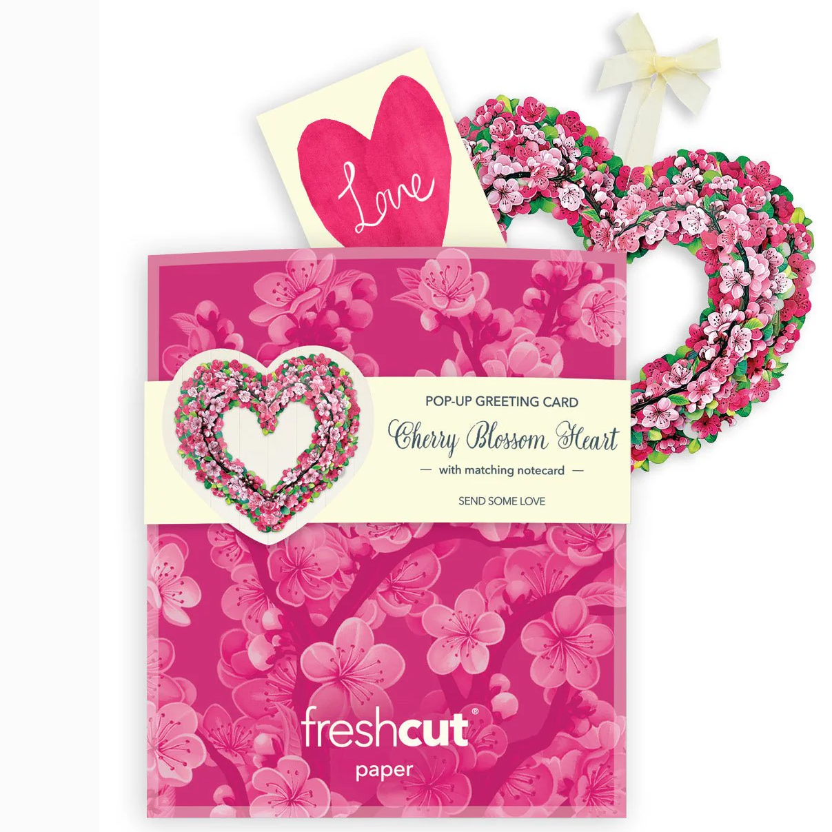 Fresh Cut Paper 3D Pop Up Greeting Note Card – Cherry Blossom Heart – 6" x 5"