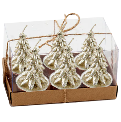 Glittered Metallic Tree Tealight Candles in Gift Box - Set of 6 – Assorted Colors – Each Box Sold Separately