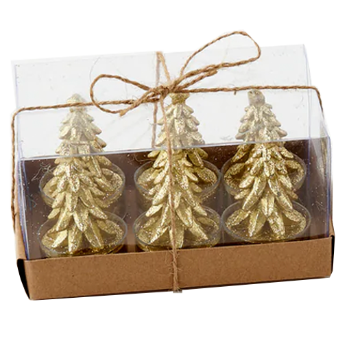 Glittered Metallic Tree Tealight Candles in Gift Box - Set of 6 – Assorted Colors – Each Box Sold Separately