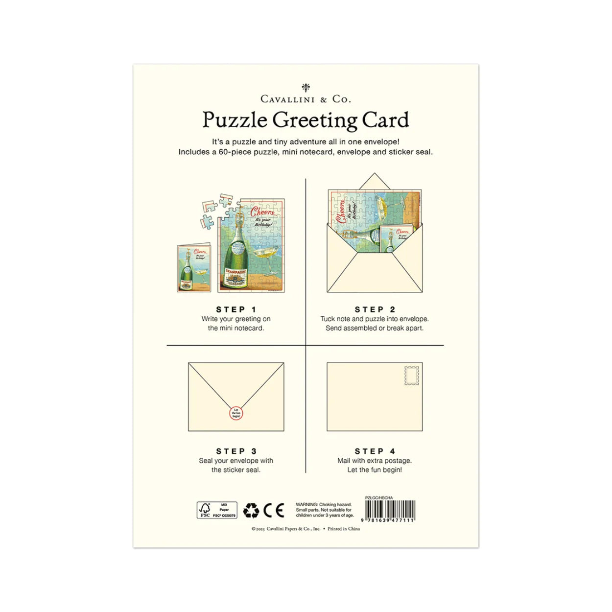 Cavallini & Co. Champagne Puzzle Greeting Card – 5 x 7 – Happy Birthday