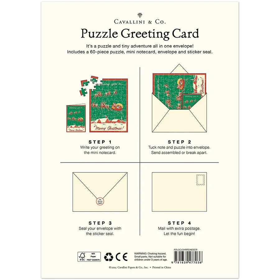 Cavallini & Co. Greeting Card Jigsaw Puzzle – 5' x 7" – Christmas Reindeer