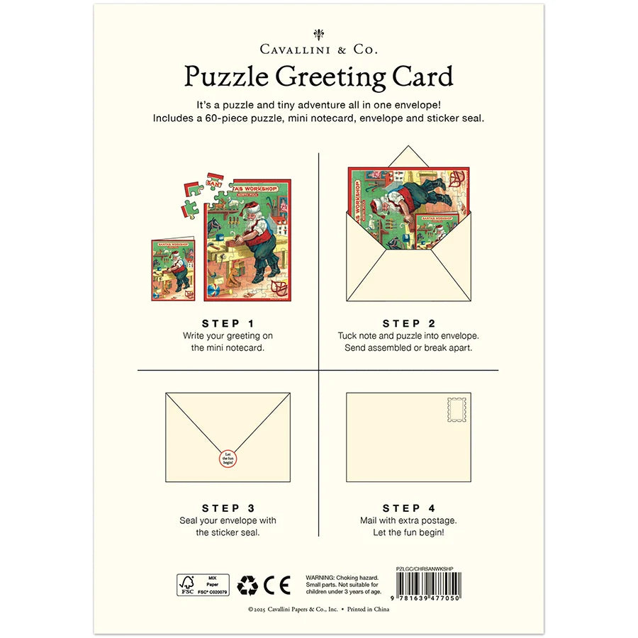 Cavallini & Co. Greeting Card Jigsaw Puzzle – 5' x 7" – Santa's Workshop