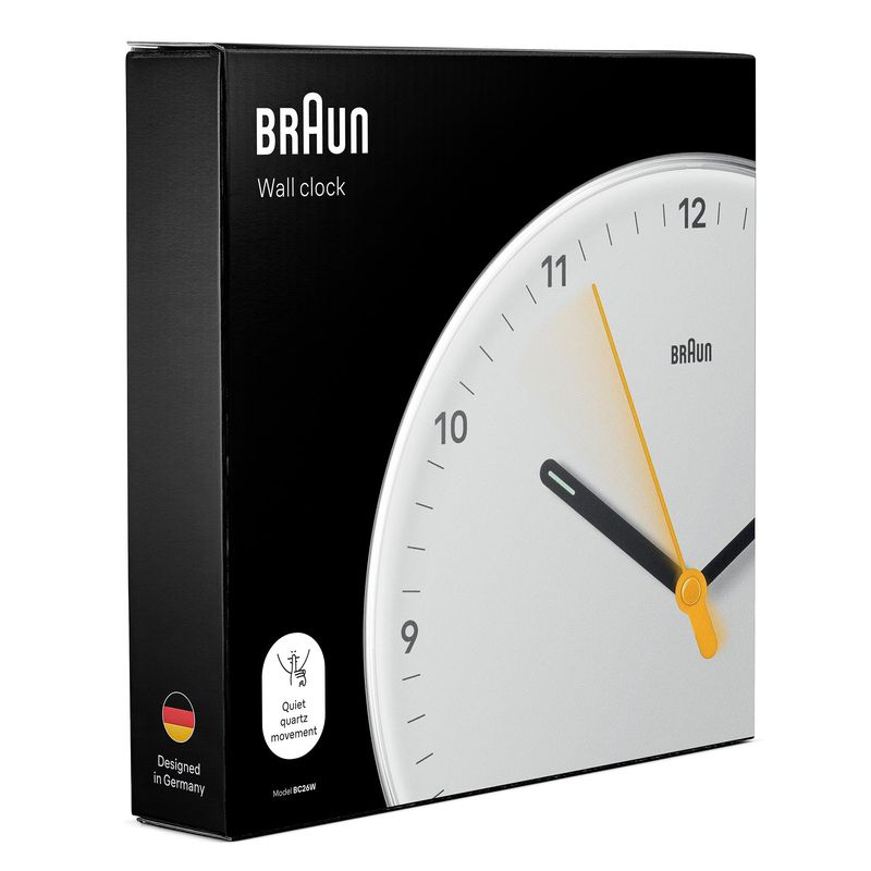 Braun Analogue Wall Clock BC26 With Silent Sweeping Quartz Movement – White – 9"
