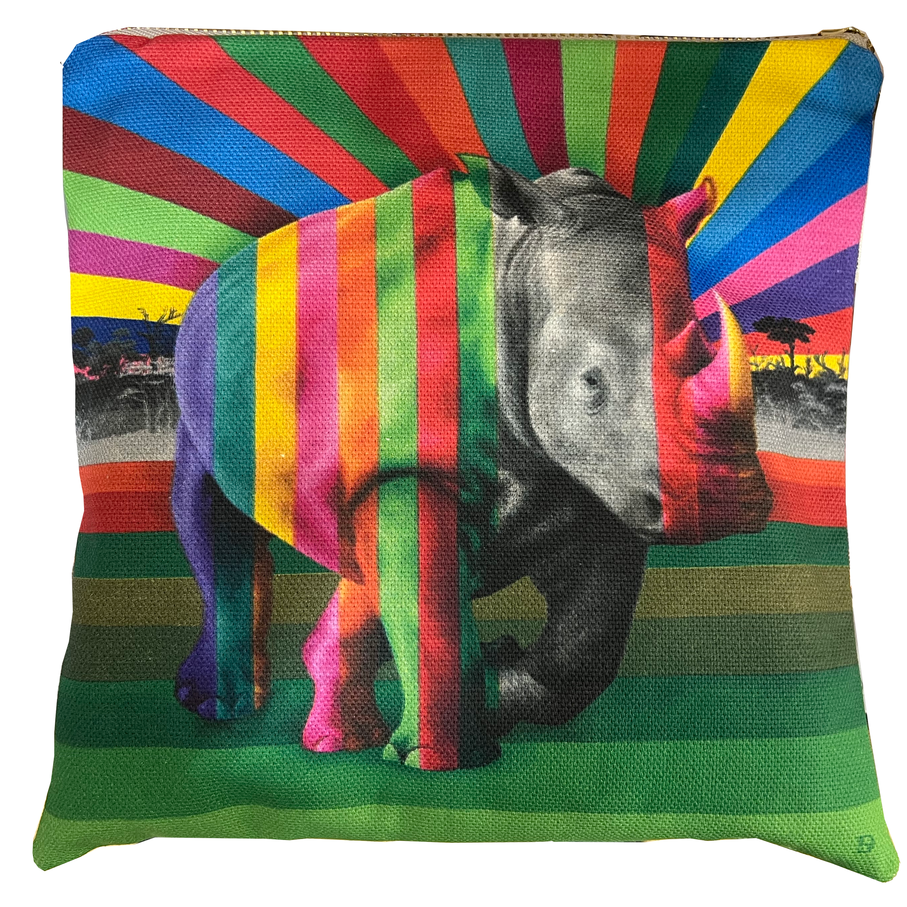 Wildlife in Colour Hand-Made Small Zip Bag – Rhino – 8" X 6"