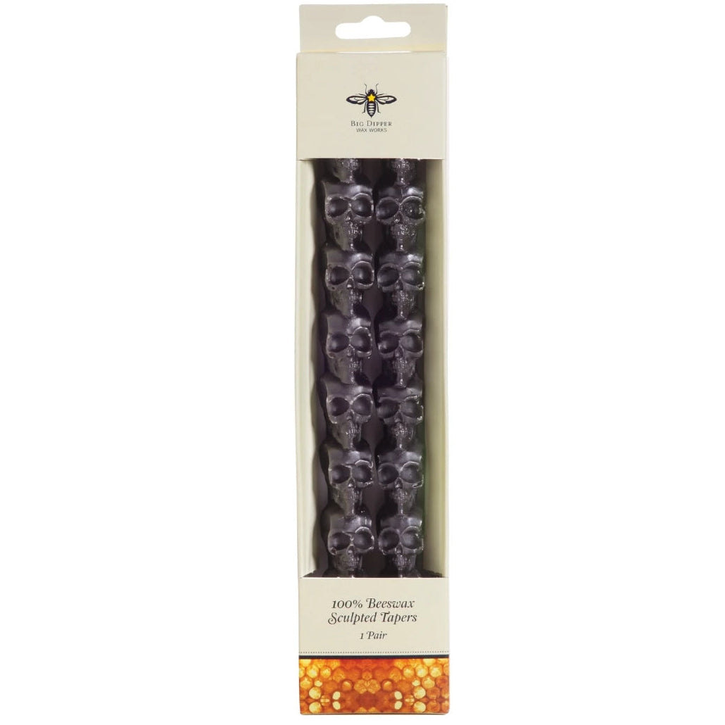 Big Dipper Sculpted Black Skull Beeswax Taper Candles – 10" – Set of 2