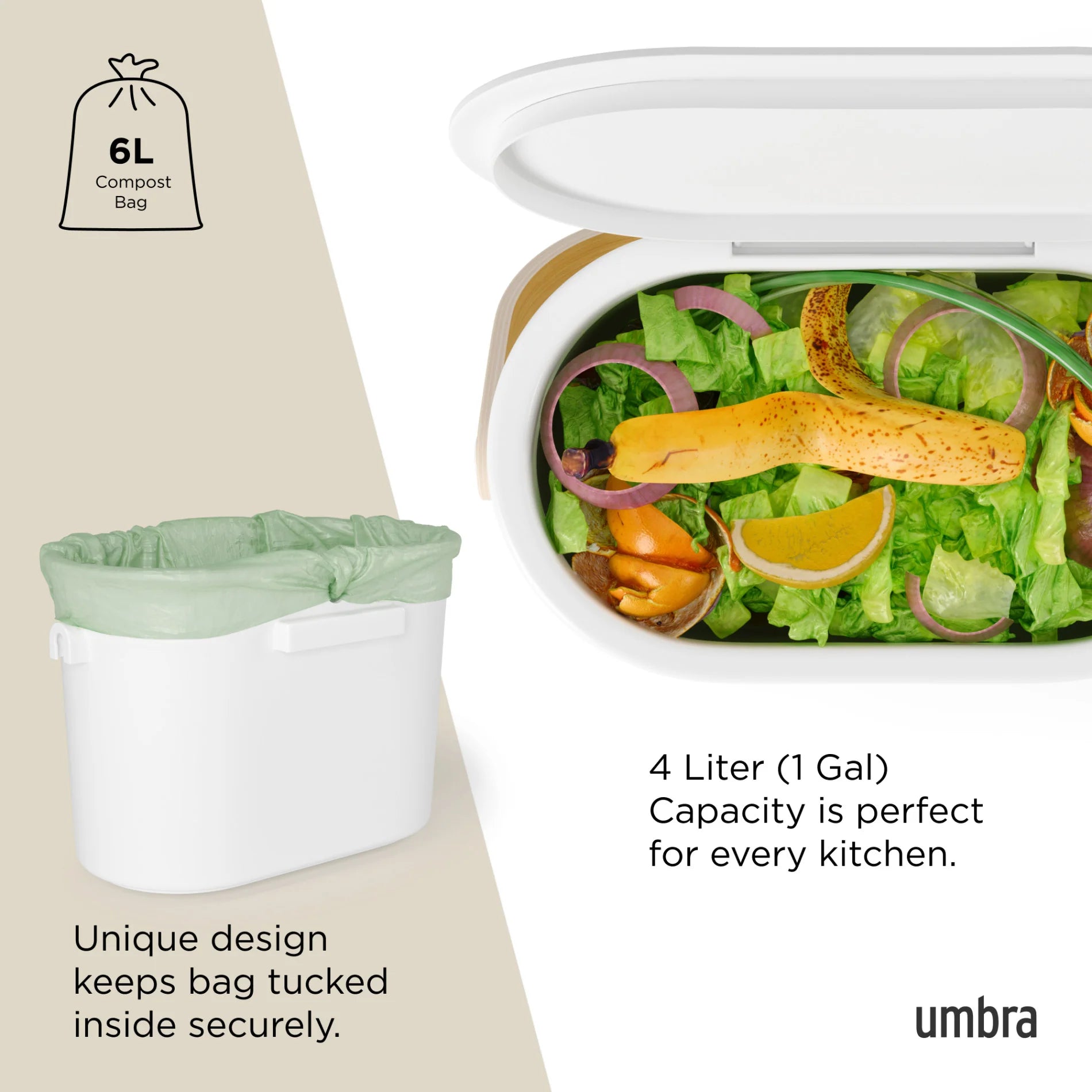 Umbra Easy Clean Compost Bin – 1 Gallon Capacity – White/Natural