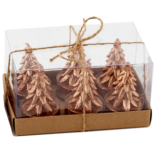 Glittered Metallic Tree Tealight Candles in Gift Box - Set of 6 – Assorted Colors – Each Box Sold Separately