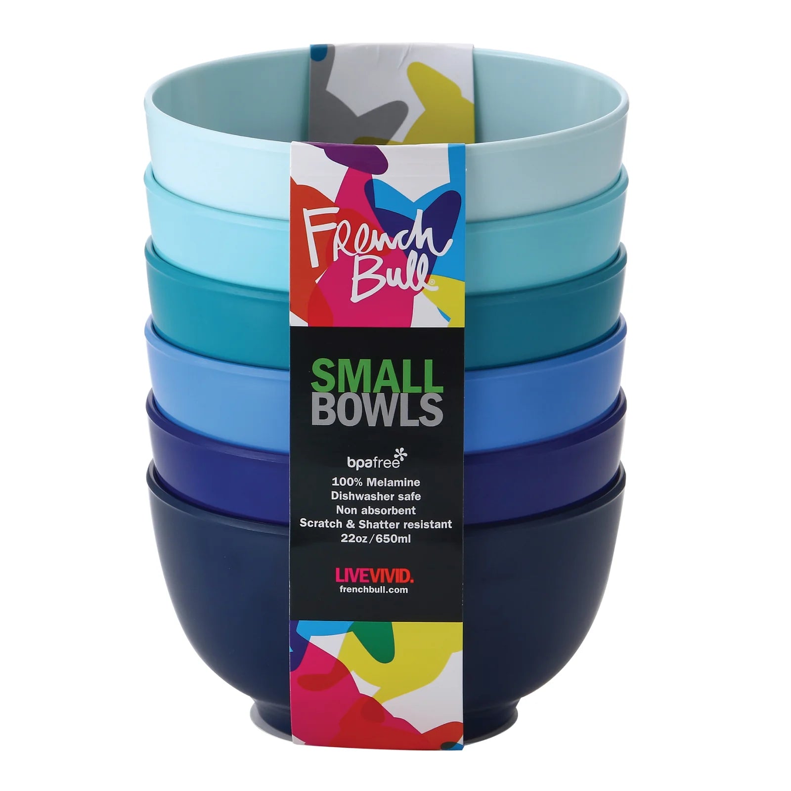 French Bull Shades of Blue Small Melamine Bowl Set – 6 Piece – 22oz.