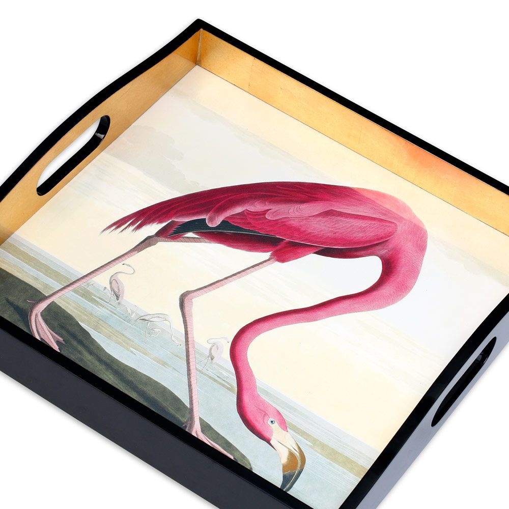 Caspari Lacquer Square Tray, Audubon Birds Flamingo