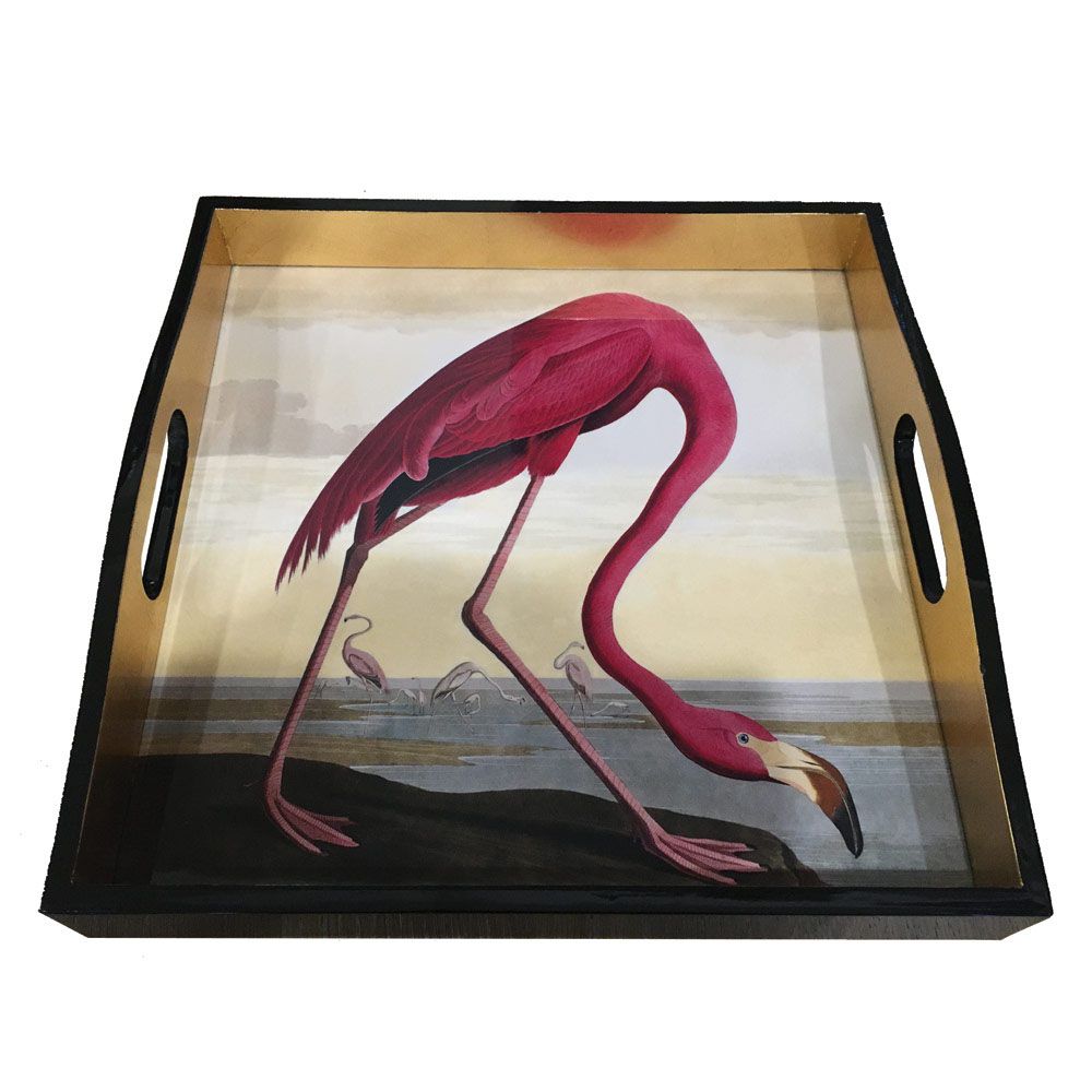 Caspari Lacquer Square Tray, Audubon Birds Flamingo